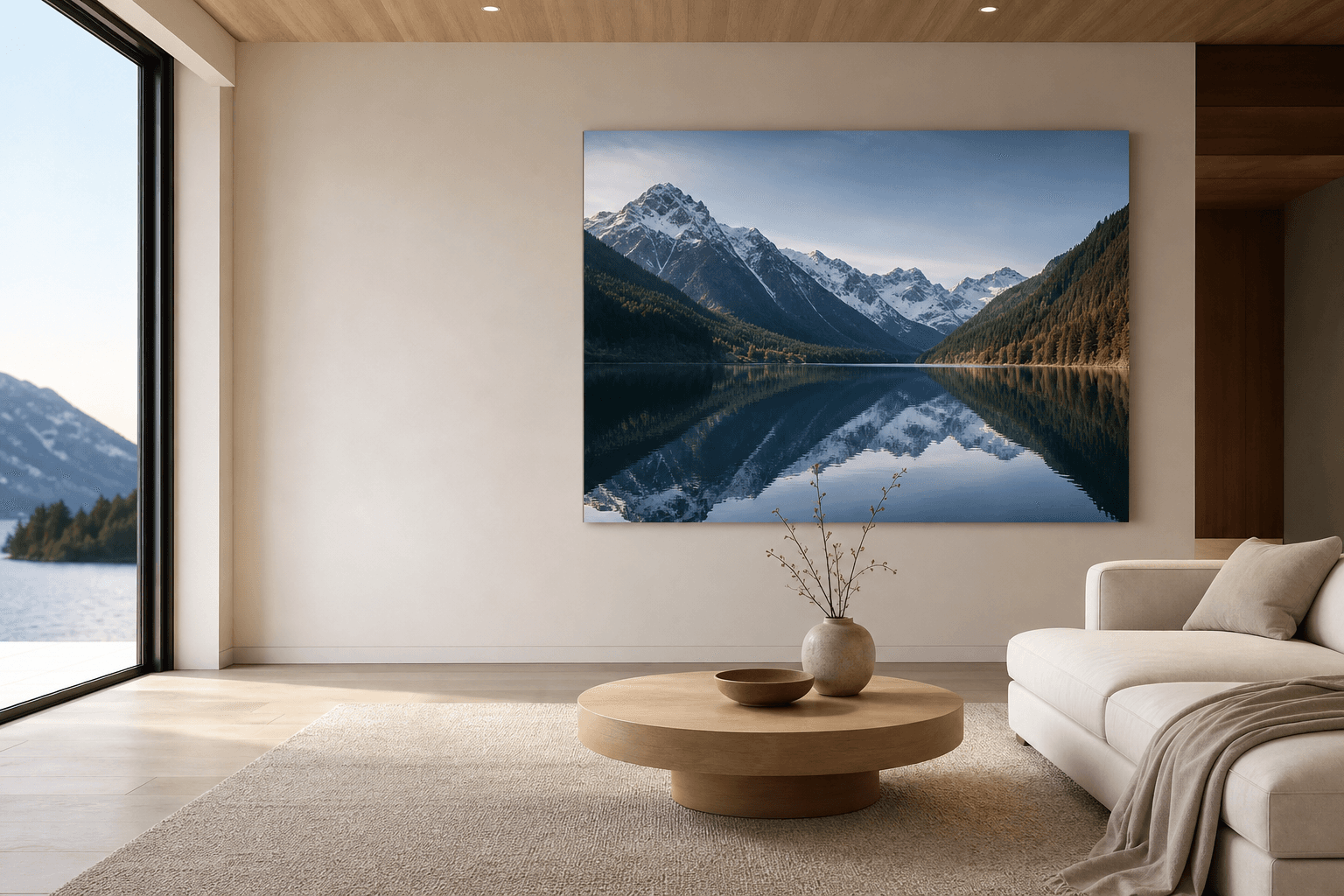 Luxury living room with mountain lake canvas art on wall