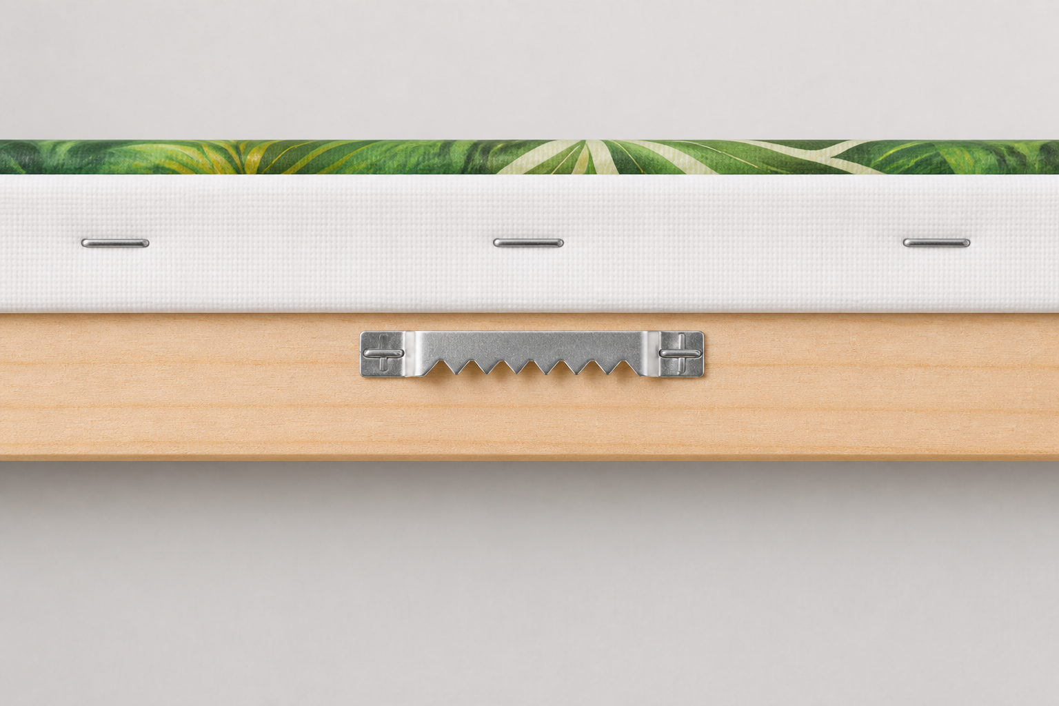 Sawtooth hanging holder centered on a pine stretcher rail